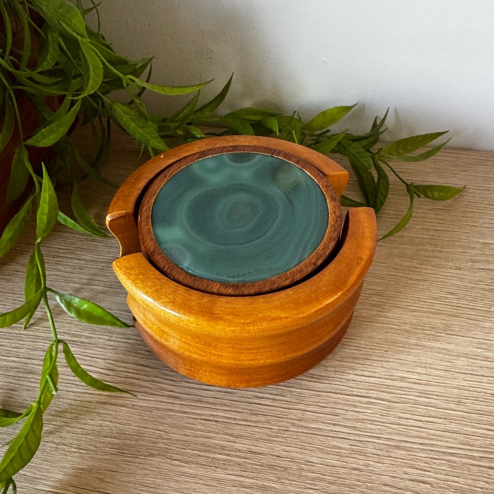 Wooden Coaster Set with Green Ceramic Inlay